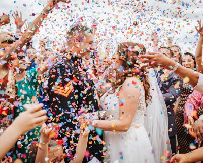 Wedding confetti and celebrations for the wedding couple vaulty manor essex venue